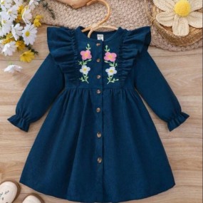 Young Girl Floral Embroidery Ruffle Trim Flounce Sleeve Dress
