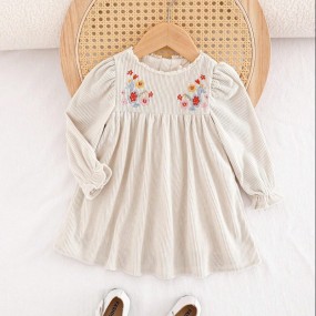 Cozy Pixies Baby Girl Plant Pattern Round Neck Patchwork Ruffle Trim Waisted Long Sleeve Dress