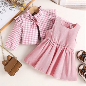 Baby Girl' Elegant Sweet Khaki Houndstooth Jacket With Bow Decor And Brown Sleeveless Dress 2pcs Set, Suitable For Spring Autumn