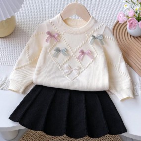 SHEIN Baby Girls Warm Outfit, Baby Girls Winter Warm Knitted 2 Pieces Set, Adorable Bow Sweater And Pleated Skirt Set, Soft & Comfortable