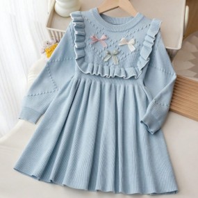 Young Girl's Pink Bow Decor Sweater Dress, Cute Ruffle Trim Round Neck Long Sleeve Knitted Dress