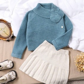 SHEIN Young Girl Vintage Style 2 Pieces Set: Pink Turtleneck Sweater And Grey A Line Skirt, Fall Outfit