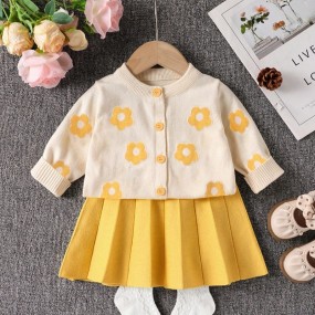 SHEIN Baby Girl Floral Print Cardigan And Pleated Knit Mini Skirt 2 Pieces Outfit, Casual Everyday Wear