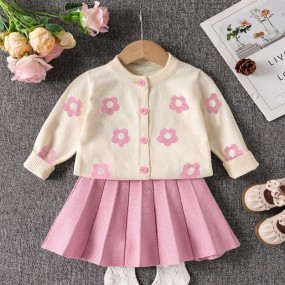 SHEIN Baby Girl Long Sleeve Sweater Cardigan & Solid Color Knit Skirt Set