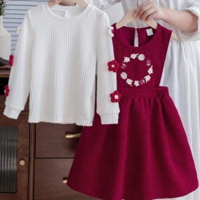 SHEIN Vintaside Kids 2pcs Set Young Girls Floral Decor Round Neck Long Sleeve Top And Overall Dress, Cute Autumn Winter Outfit