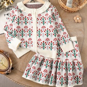 2pcs Set Young Girl Vintage Floral Print Ruffle Collar Sweater And Pleated Skirt Outfit, Autumn Winter
