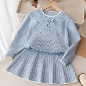 SHEIN 2pcs Young Girls Winter Knit Set, Cute Bow Sweater With Pleated Mini Skirt, For Little Girls