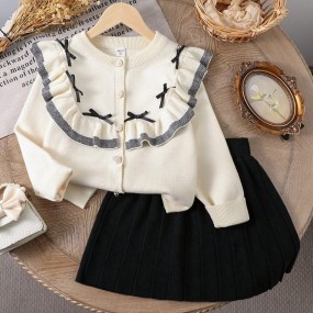 2pcs Set Young Girl Cute & Elegant Bow Ruffles Sweater With Elastic Waist Knit Skirt Outfit, Winter
