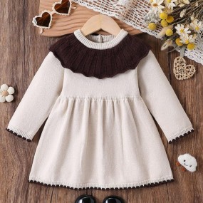 Baby Girls Autumn Winter New Outfit, Round Neck Ruffle Lantern Sleeve Sweater Dress, Fashionable Casual Versatile Long Sleeve Sweater Dress
