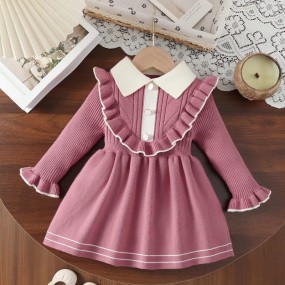 SHEIN Baby Girl Casual Colorblock Ruffle Trim Sweater Dress, Autumn Winter