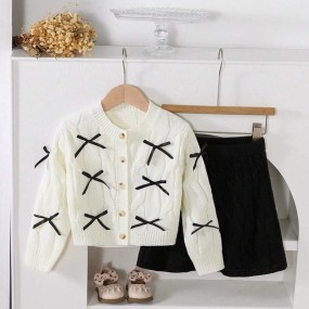SHEIN Young Girl Bow Decor Long Sleeve Button Down Sweater Cardigan And Knitted Pleated Skirt Set, Autumn Winter