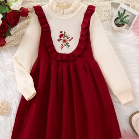 1pc Young Girl Colorblock Floral Embroidery Ruffle Trim Princess Style Sweater Dress