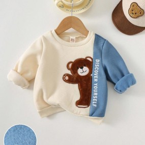 Cozy Pixies Baby Boy Cartoon Bear Graphic Fleece Lined Crew Neck Long Sleeve Pullover Sweatshirt, Comfortable & Versatile, Contrast Color, Soft & Cozy