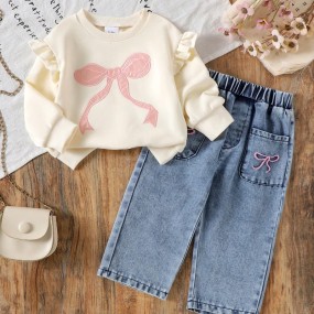 2pcs Baby Girls Cute Bow Decor Sweatshirt + Denim Long Pants Set, Casual Outfit For Spring & Autumn