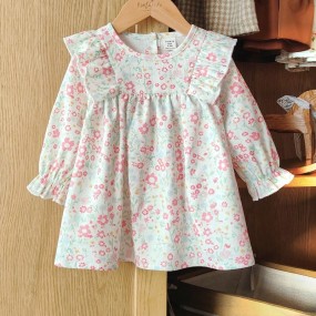 Vintaside Kids Baby Girls' Pink Long Sleeve Pullover Dress, Floral Print Design, Fitted Silhouette, Sweet & Cute, Suitable For Outings, Casual Wear, Sports, And Parties