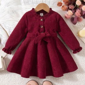 SHEIN Babygirl Elegant Burgundy Corduroy Long Sleeve Belted Dress