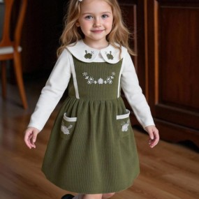 Vintaside Kids Autumn Girls Vintage Floral Embroidery Collared Long Sleeve Top And Apricot Embroidered Pinafore Dress Set, Autumn Winter Color Scheme, Suitable For Daily Casual Wear