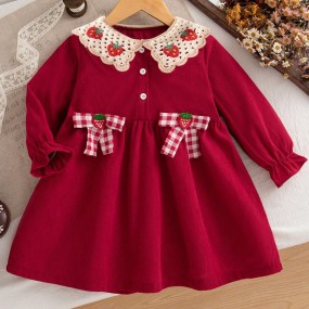 Baby Girls' Red Christmas Holiday Long Sleeve Princess Dress, Elegant Strawberry Knit Collar Bow Decor Dress