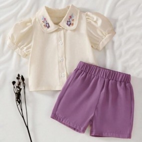 SHEIN Vintaside Kids Baby Girl Collar Princess Embroidery Top Elastic Waist Casual Suitable For Outdoor Wear