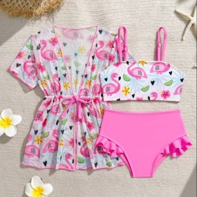 3pcs Baby Girls Floral Print Knit Fabric Long Sleeve Rash Guard & Shorts Swimsuit Set