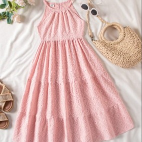 SHEIN Vintaside Kids Young Girl Solid Color Halter Neck Casual Vacation Dress