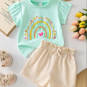 SHEIN 2pcs Set Girls Toddler Rainbow & Heart Pattern Printed Top With Comfortable Pants