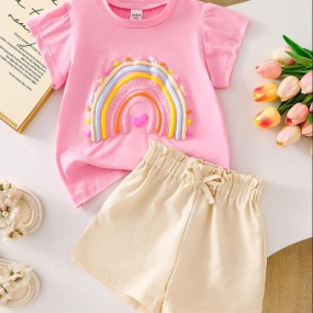 SHEIN 2pcs Set Girls Toddler Rainbow & Heart Pattern Printed Top With Comfortable Pants