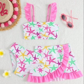 SHEIN GraphicGems Young Girls Printed Swimwear, Ruffled Trim, 3 Pieces Set Girl Ruffles Bathing Suit