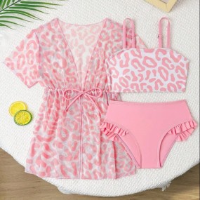 3pcs Baby Girl Swimsuit Set, Cute Pink Leopard Print, Fashion Casual Elegant Swimwear Suitable For Swimming, Vacation, Summer