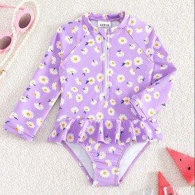 SHEIN Baby Girl Floral Print Zipper Front Peplum One Piece Swimsuit
