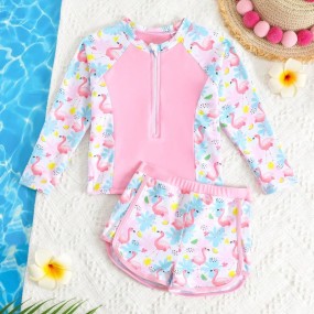 Young Girl Cartoon Flamingo Print Long Sleeve Tankini Swimwear Set, Kidswear Summer Holiday