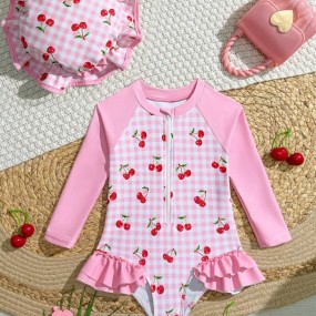 Sparklyn Baby Girls' Cute Elastic Pink Contrast Cherry Print Ruffled Long Sleeve 2 Pieces Swimsuit With Hat