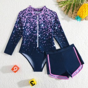 Young Girl Glitter Print Zipper Front Long Sleeve Casual Swimsuit, Beach Vacation