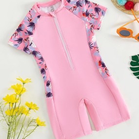 SHEIN Young Girl Plant Print Zipper Front One Piece Swimsuit Summer Holiday